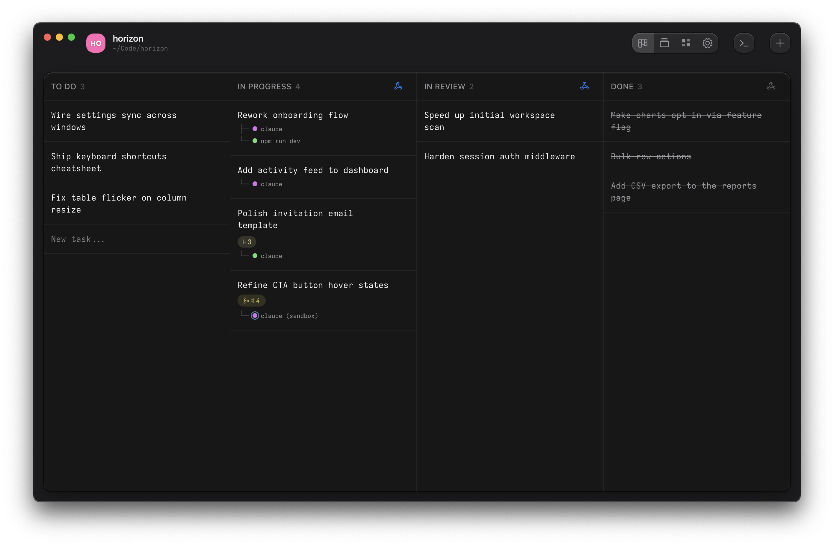 Ouijit kanban board showing agent tasks and terminal sessions